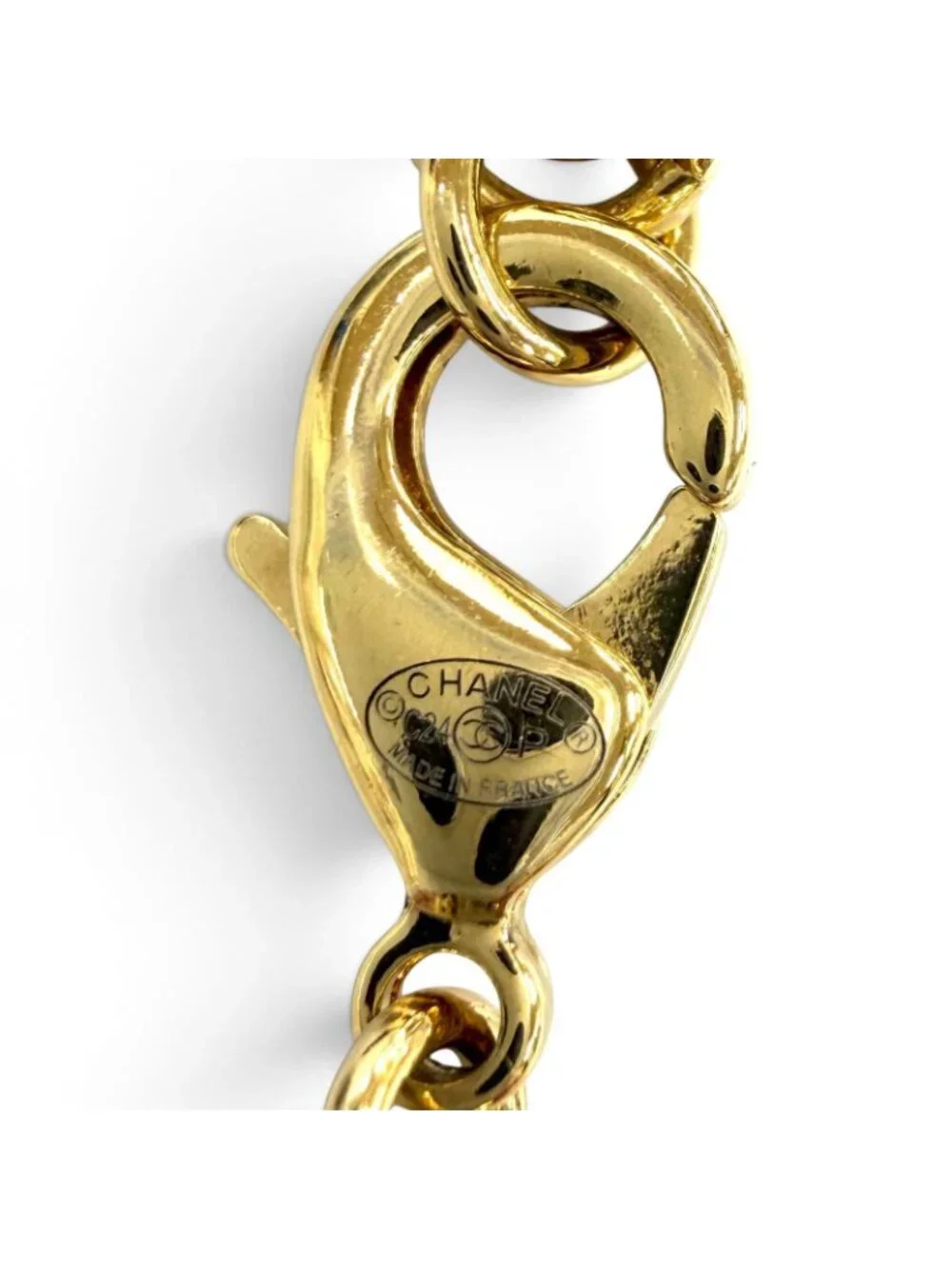 Chanel CC Logo Eco Pearl Stone Crush Chain Necklace Gold Pink White